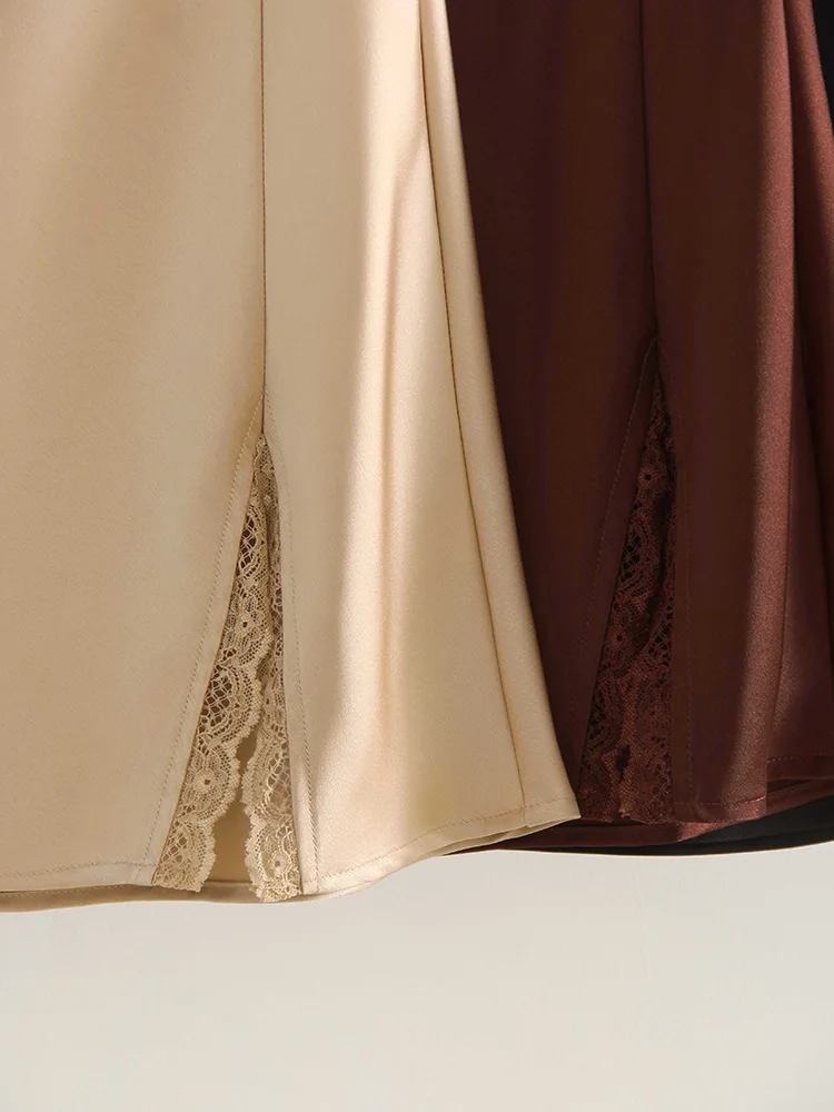 Summer Wiomen's Satin Lace Mini Slip Skirt Brown High Waist A-Line Bodycon Silk Short Skirts Slit Mini Skirt Satin Black Women