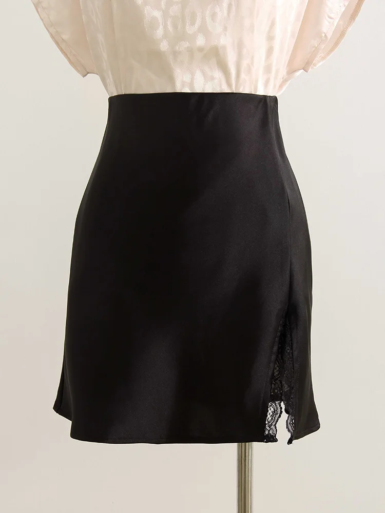 Summer Wiomen's Satin Lace Mini Slip Skirt Brown High Waist A-Line Bodycon Silk Short Skirts Slit Mini Skirt Satin Black Women