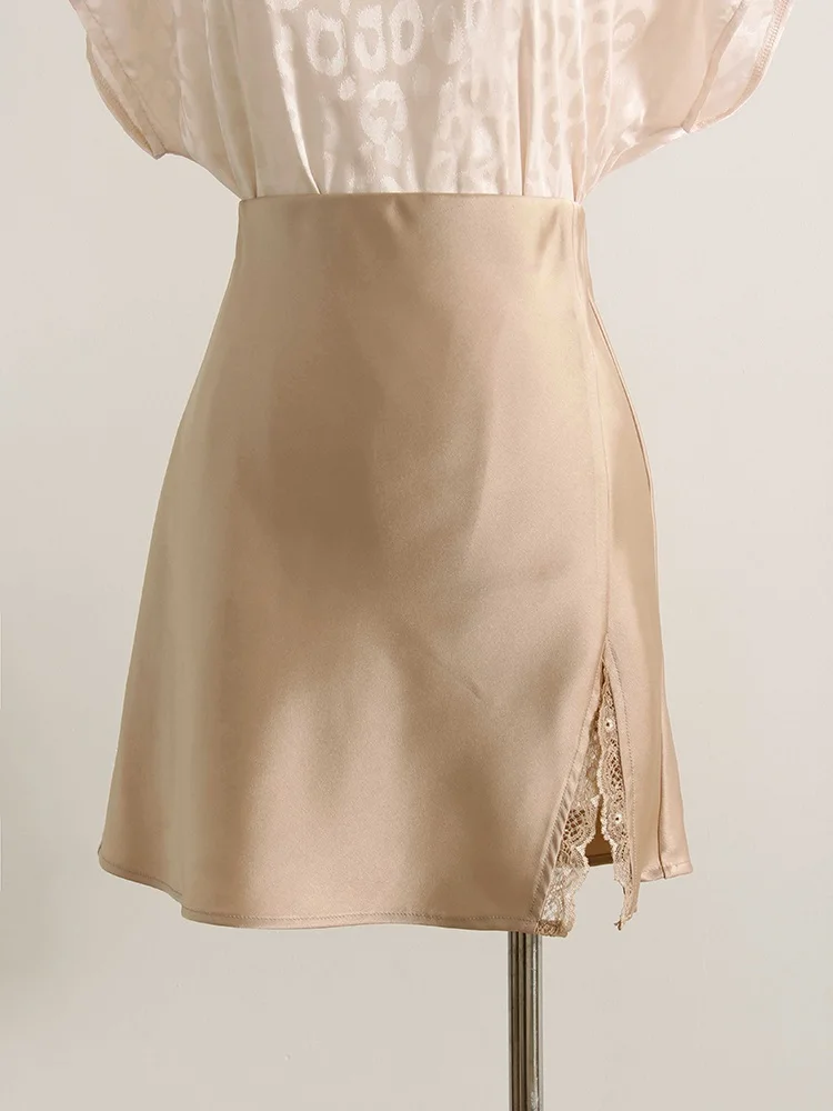 Summer Wiomen's Satin Lace Mini Slip Skirt Brown High Waist A-Line Bodycon Silk Short Skirts Slit Mini Skirt Satin Black Women