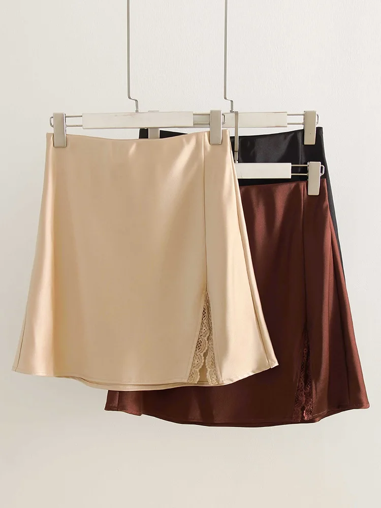 Summer Wiomen's Satin Lace Mini Slip Skirt Brown High Waist A-Line Bodycon Silk Short Skirts Slit Mini Skirt Satin Black Women
