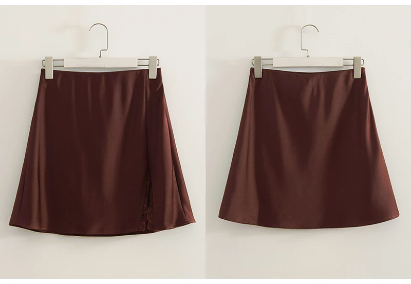 Summer Wiomen's Satin Lace Mini Slip Skirt Brown High Waist A-Line Bodycon Silk Short Skirts Slit Mini Skirt Satin Black Women