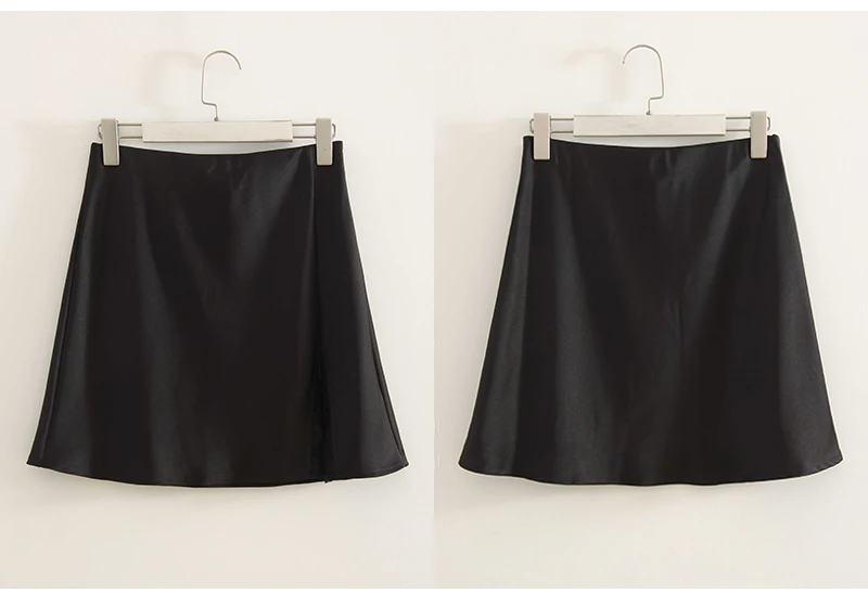 Summer Wiomen's Satin Lace Mini Slip Skirt Brown High Waist A-Line Bodycon Silk Short Skirts Slit Mini Skirt Satin Black Women