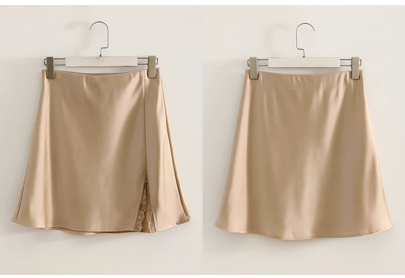 Summer Wiomen's Satin Lace Mini Slip Skirt Brown High Waist A-Line Bodycon Silk Short Skirts Slit Mini Skirt Satin Black Women