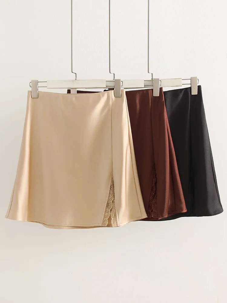 Summer Wiomen's Satin Lace Mini Slip Skirt Brown High Waist A-Line Bodycon Silk Short Skirts Slit Mini Skirt Satin Black Women