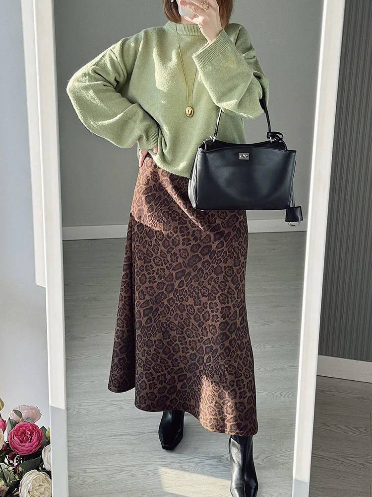 Winter Leopard Print Suede Skirt Long Women Autumn Vintage A Line Brown Maxi Skirts For Women Winter Warm Suede Leopard Skirts