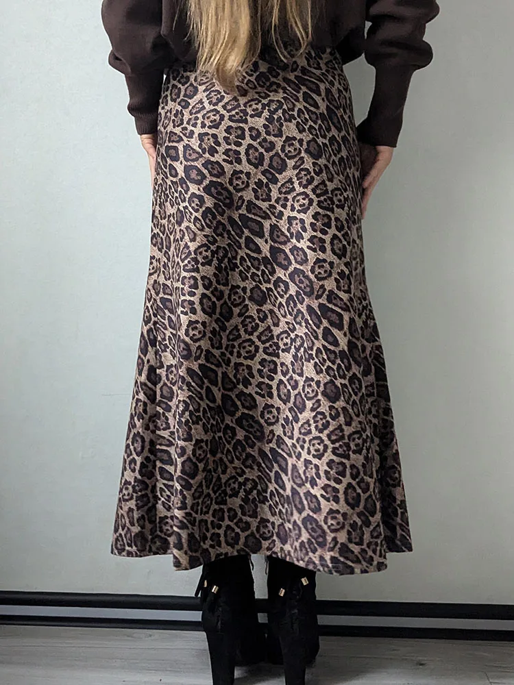 Winter Leopard Print Suede Skirt Long Women Autumn Vintage A Line Brown Maxi Skirts For Women Winter Warm Suede Leopard Skirts