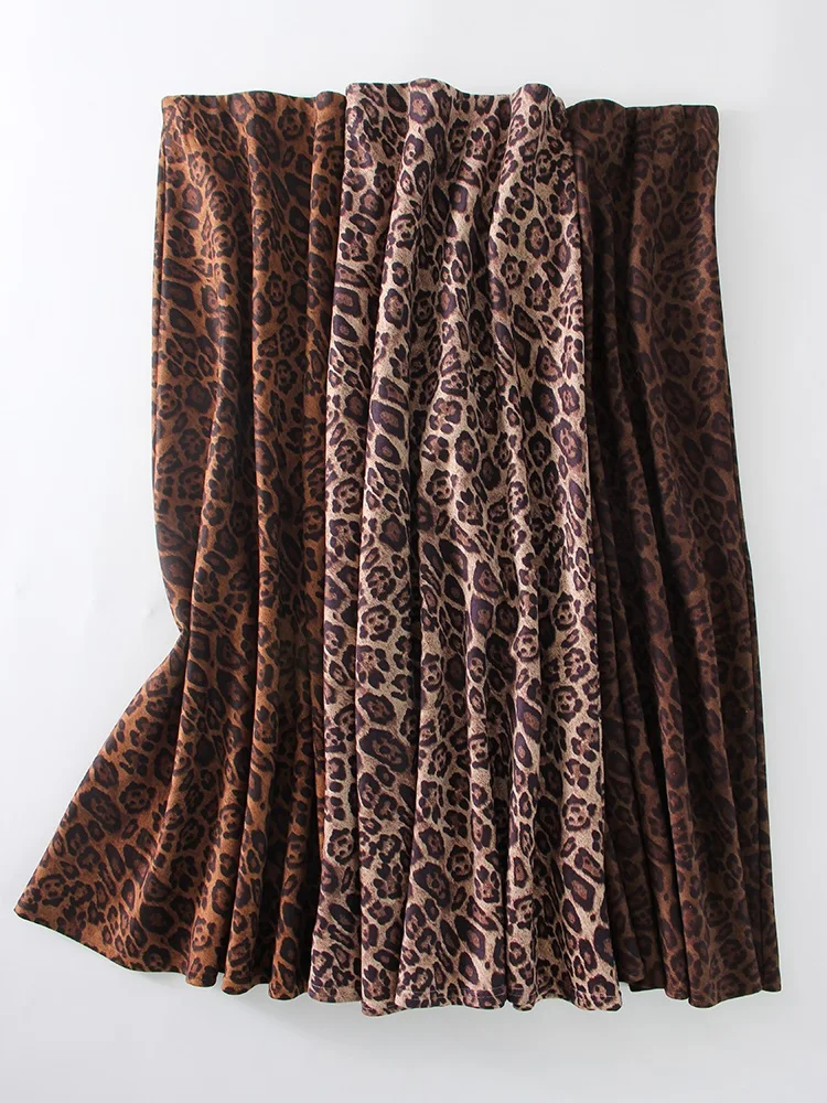 Winter Leopard Print Suede Skirt Long Women Autumn Vintage A Line Brown Maxi Skirts For Women Winter Warm Suede Leopard Skirts