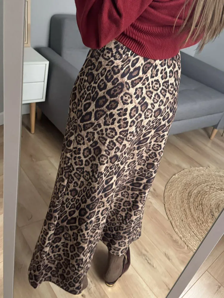Winter Leopard Print Suede Skirt Long Women Autumn Vintage A Line Brown Maxi Skirts For Women Winter Warm Suede Leopard Skirts