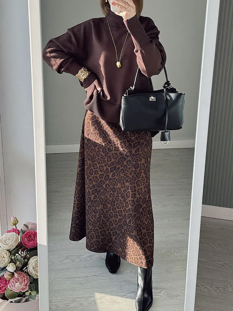 Winter Leopard Print Suede Skirt Long Women Autumn Vintage A Line Brown Maxi Skirts For Women Winter Warm Suede Leopard Skirts