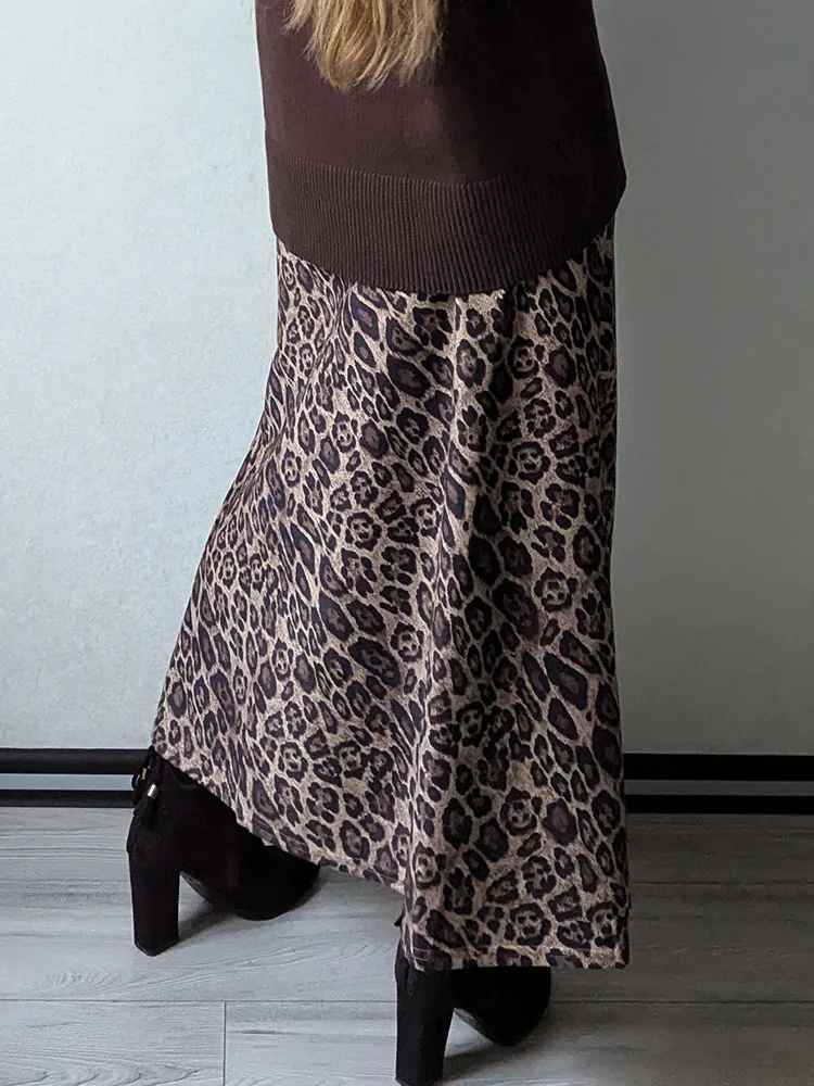 Winter Leopard Print Suede Skirt Long Women Autumn Vintage A Line Brown Maxi Skirts For Women Winter Warm Suede Leopard Skirts