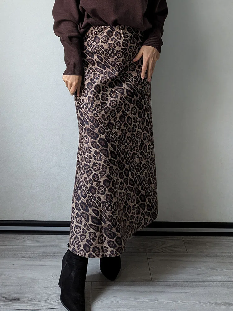Winter Leopard Print Suede Skirt Long Women Autumn Vintage A Line Brown Maxi Skirts For Women Winter Warm Suede Leopard Skirts
