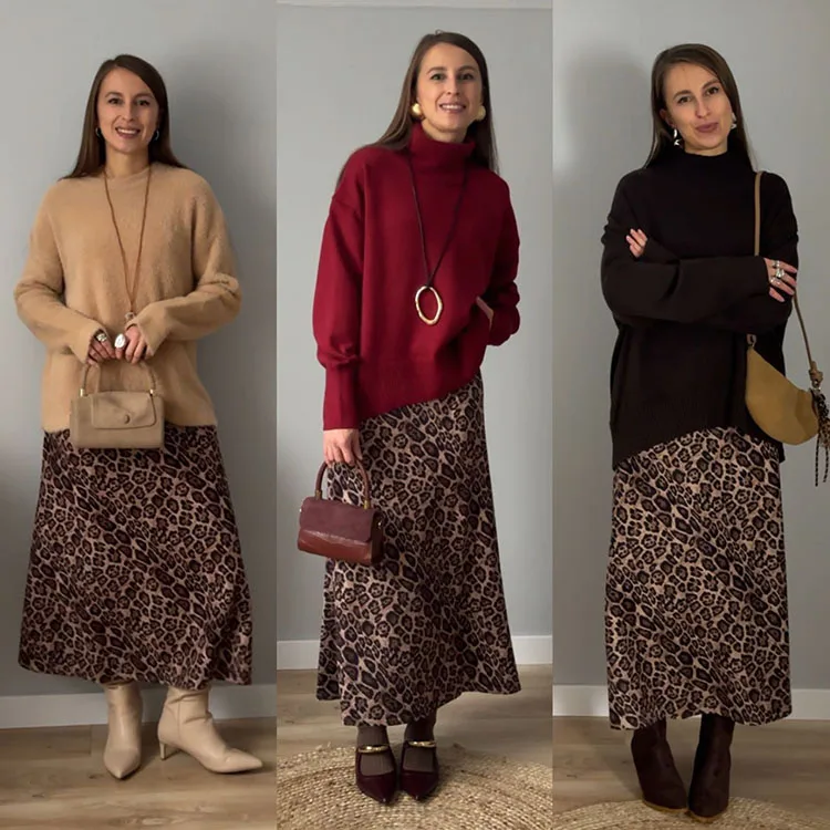Winter Leopard Print Suede Skirt Long Women Autumn Vintage A Line Brown Maxi Skirts For Women Winter Warm Suede Leopard Skirts