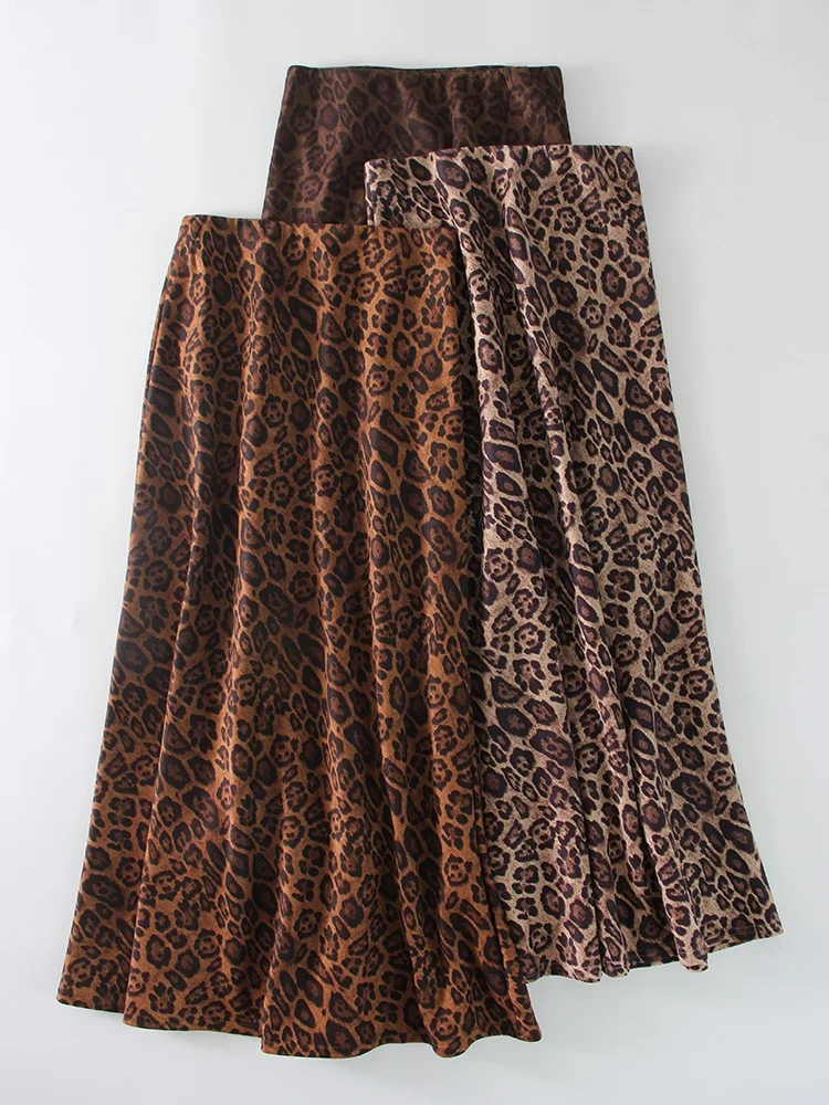 Winter Leopard Print Suede Skirt Long Women Autumn Vintage A Line Brown Maxi Skirts For Women Winter Warm Suede Leopard Skirts