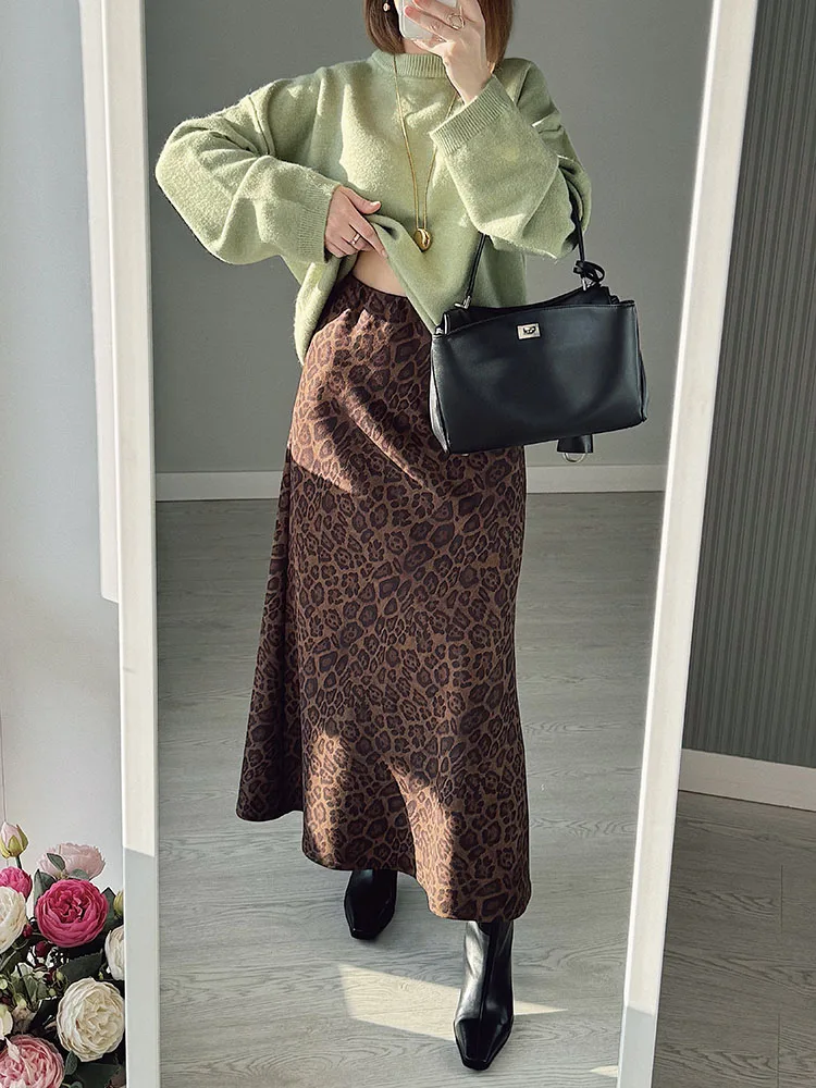 Winter Leopard Print Suede Skirt Long Women Autumn Vintage A Line Brown Maxi Skirts For Women Winter Warm Suede Leopard Skirts