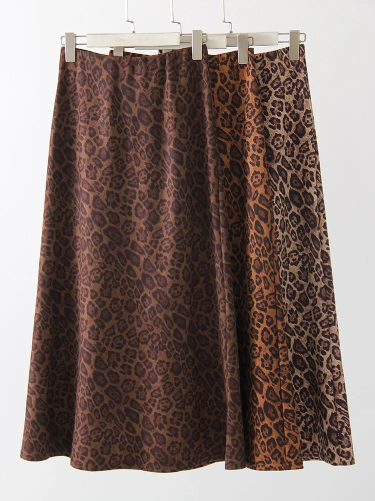 Winter Leopard Print Suede Skirt Long Women Autumn Vintage A Line Brown Maxi Skirts For Women Winter Warm Suede Leopard Skirts