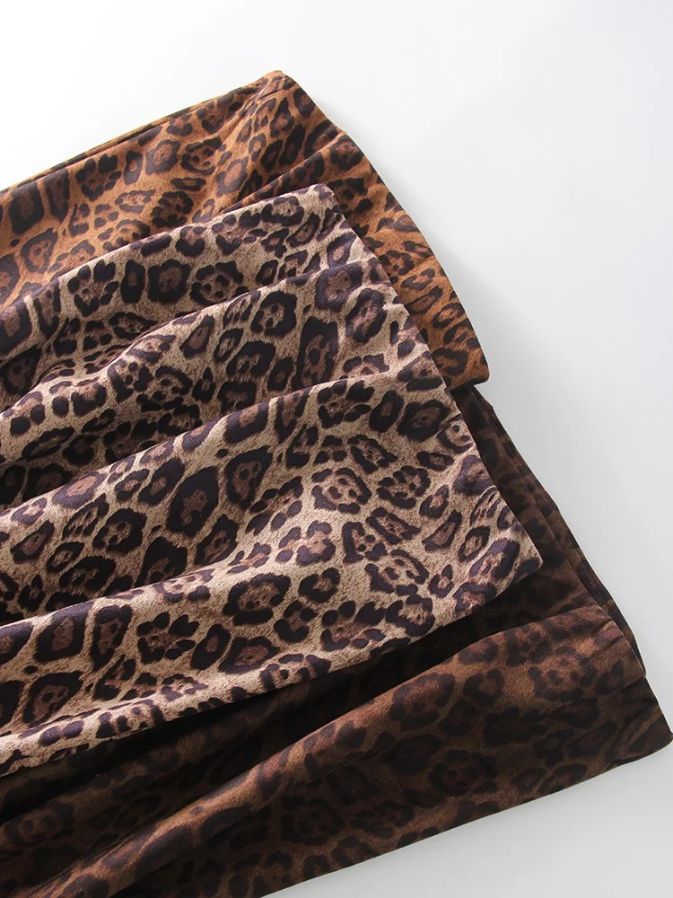 Winter Leopard Print Suede Skirt Long Women Autumn Vintage A Line Brown Maxi Skirts For Women Winter Warm Suede Leopard Skirts