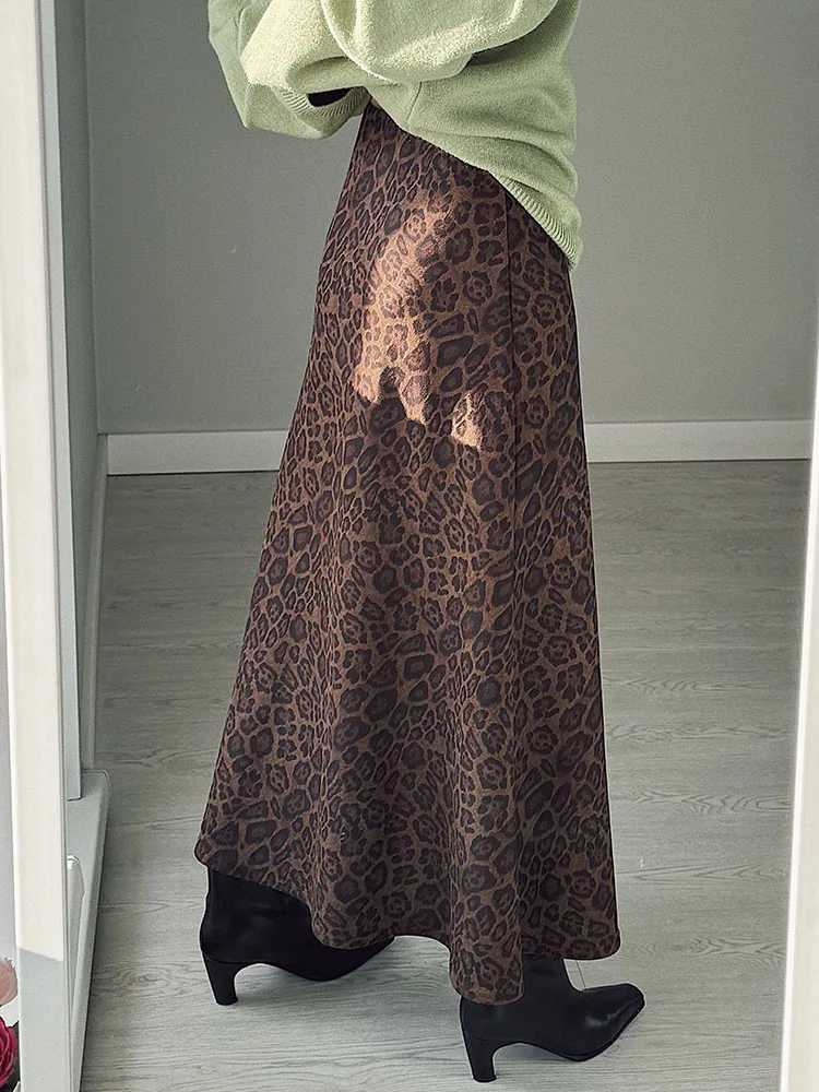 Winter Leopard Print Suede Skirt Long Women Autumn Vintage A Line Brown Maxi Skirts For Women Winter Warm Suede Leopard Skirts
