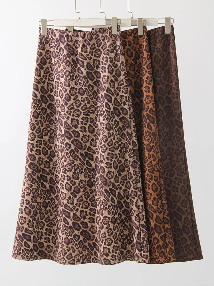 Winter Leopard Print Suede Skirt Long Women Autumn Vintage A Line Brown Maxi Skirts For Women Winter Warm Suede Leopard Skirts
