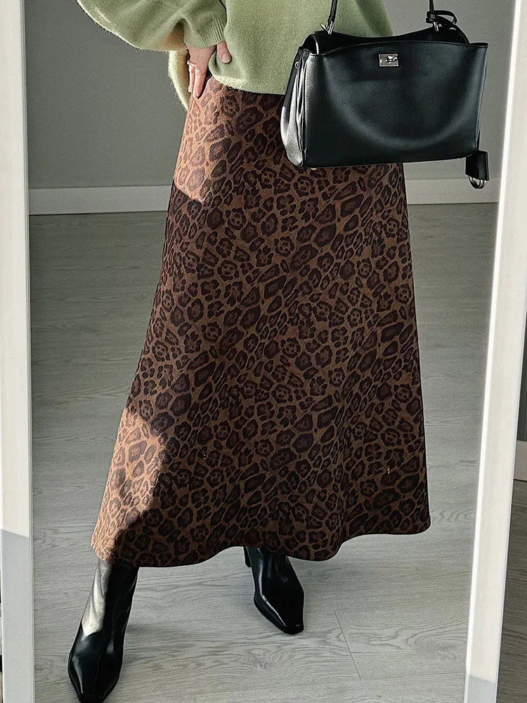 Winter Leopard Print Suede Skirt Long Women Autumn Vintage A Line Brown Maxi Skirts For Women Winter Warm Suede Leopard Skirts