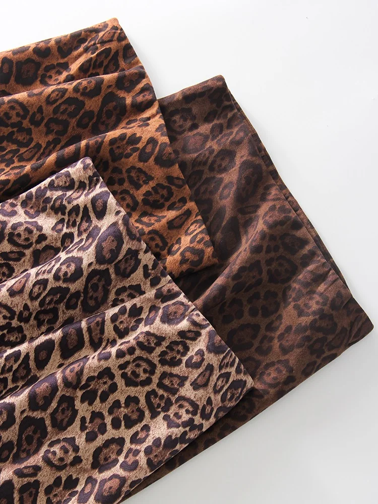 Winter Leopard Print Suede Skirt Long Women Autumn Vintage A Line Brown Maxi Skirts For Women Winter Warm Suede Leopard Skirts