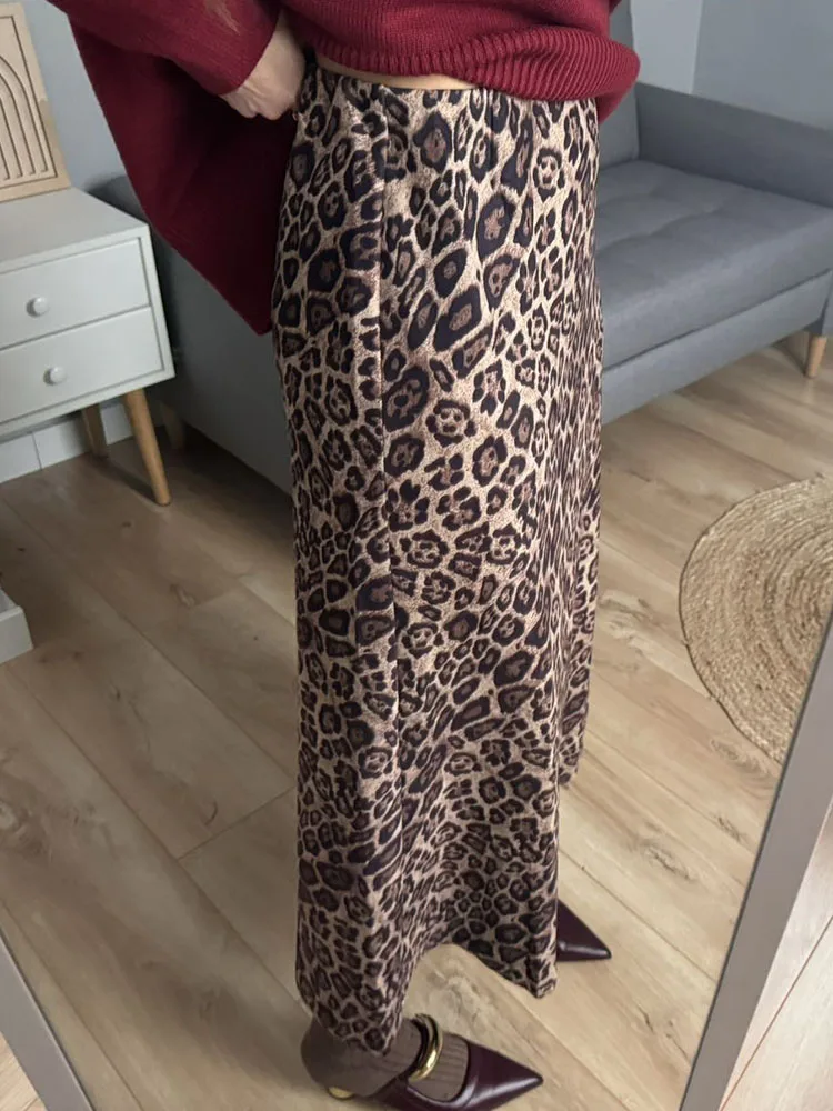 Winter Leopard Print Suede Skirt Long Women Autumn Vintage A Line Brown Maxi Skirts For Women Winter Warm Suede Leopard Skirts