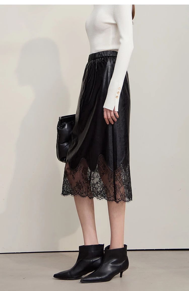 AMII Women's Skirt 2026 Autumn New Minimalist Versatile Clothing Ladies Leather Splicing Lace Solid A-line Midi Skirt 12543095