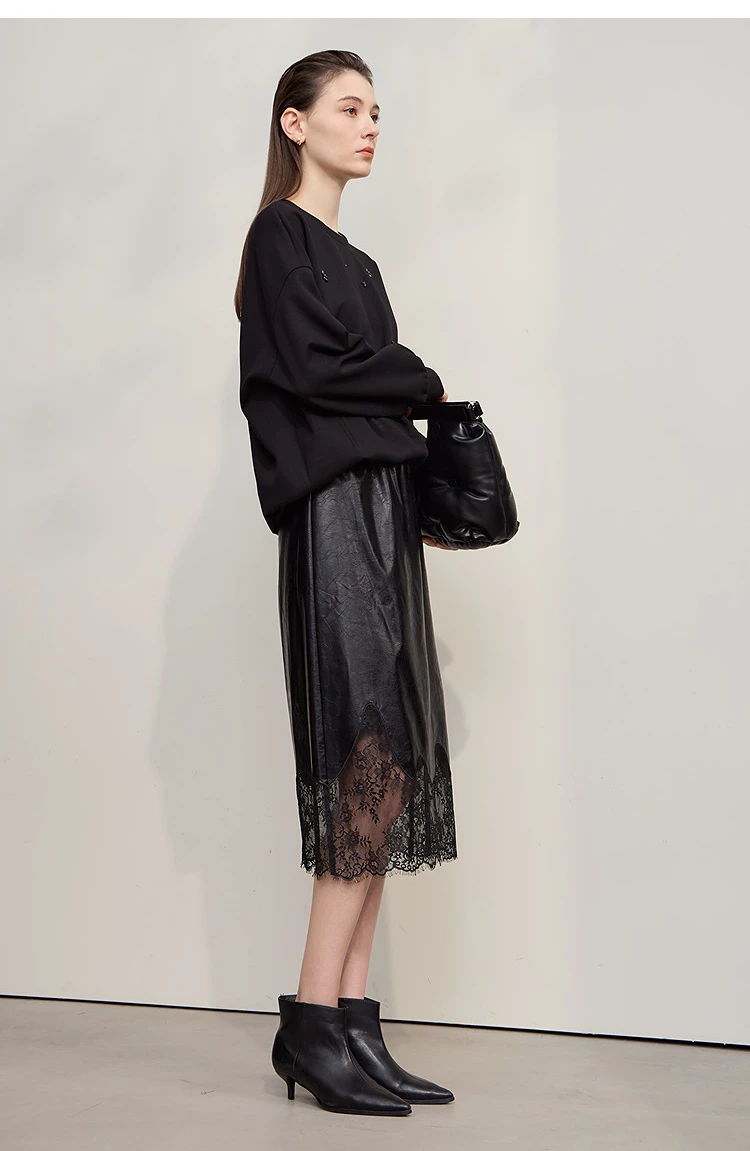 AMII Women's Skirt 2026 Autumn New Minimalist Versatile Clothing Ladies Leather Splicing Lace Solid A-line Midi Skirt 12543095