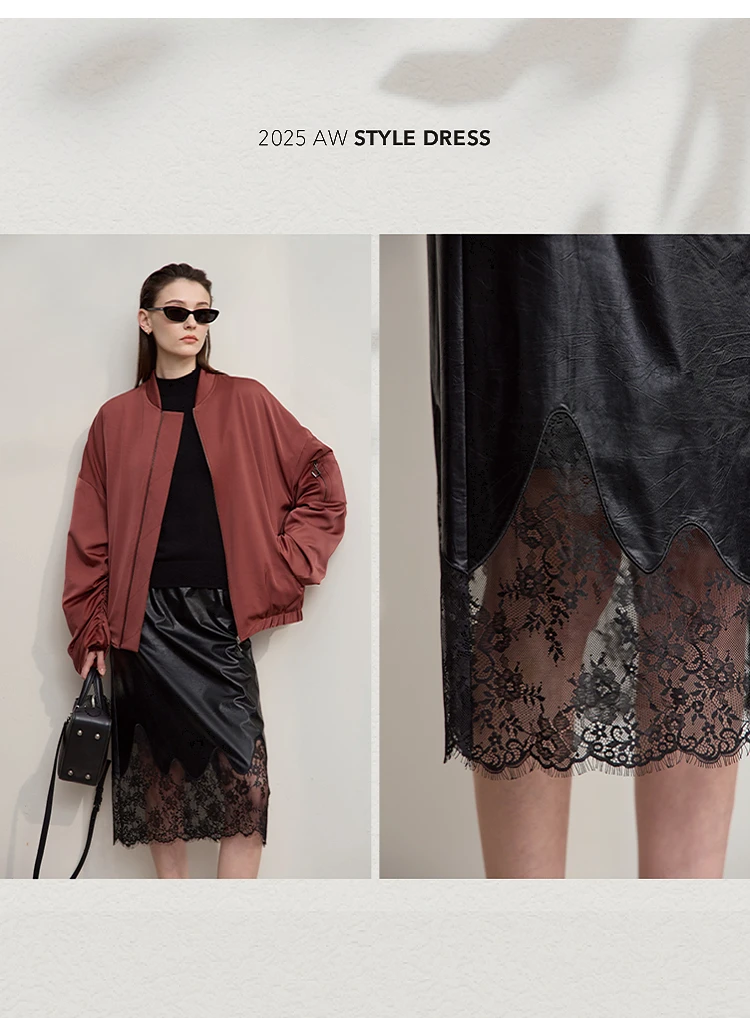 AMII Women's Skirt 2026 Autumn New Minimalist Versatile Clothing Ladies Leather Splicing Lace Solid A-line Midi Skirt 12543095