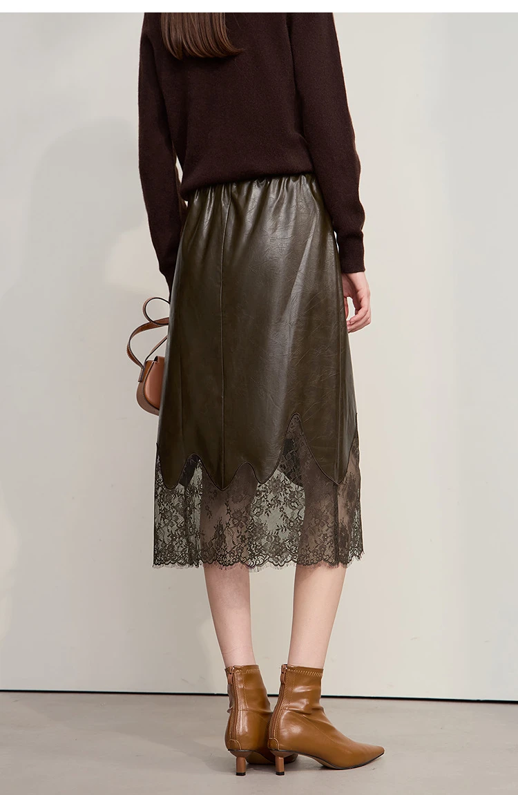 AMII Women's Skirt 2026 Autumn New Minimalist Versatile Clothing Ladies Leather Splicing Lace Solid A-line Midi Skirt 12543095