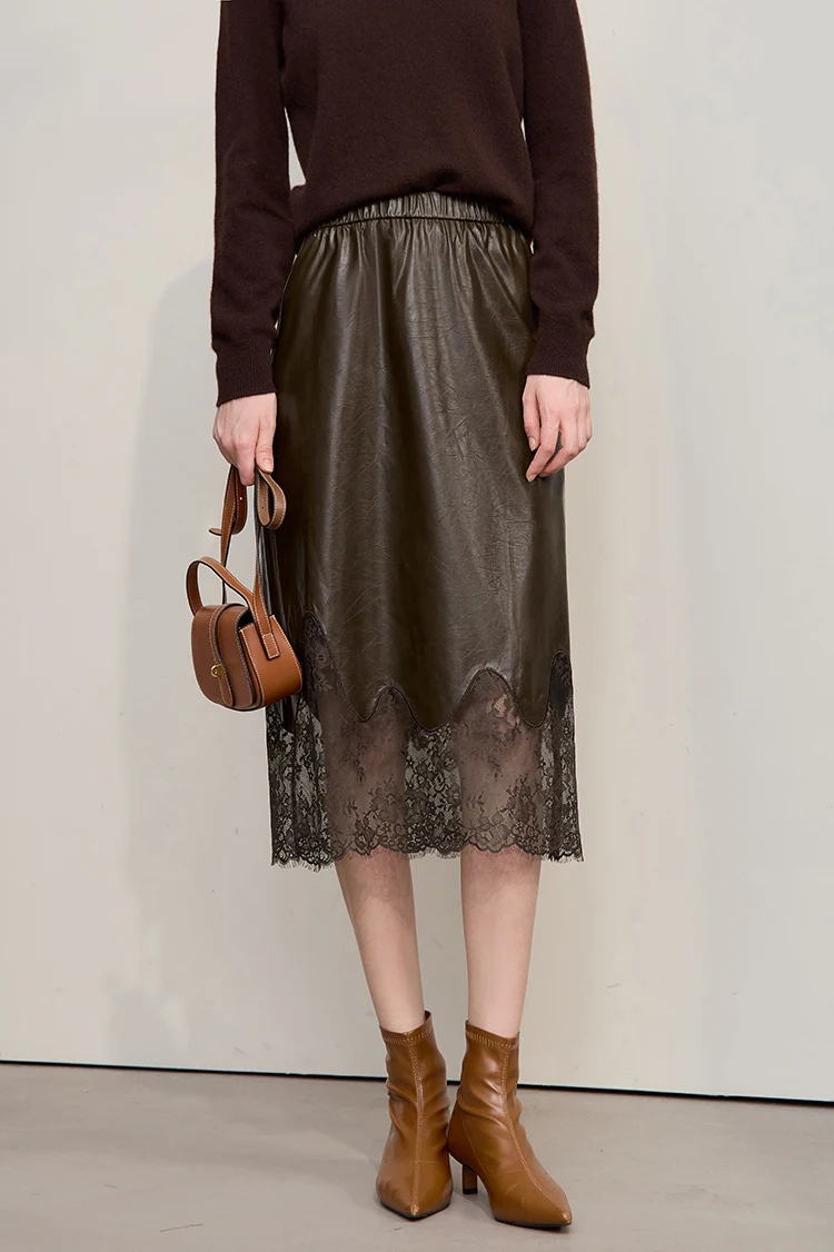AMII Women's Skirt 2026 Autumn New Minimalist Versatile Clothing Ladies Leather Splicing Lace Solid A-line Midi Skirt 12543095