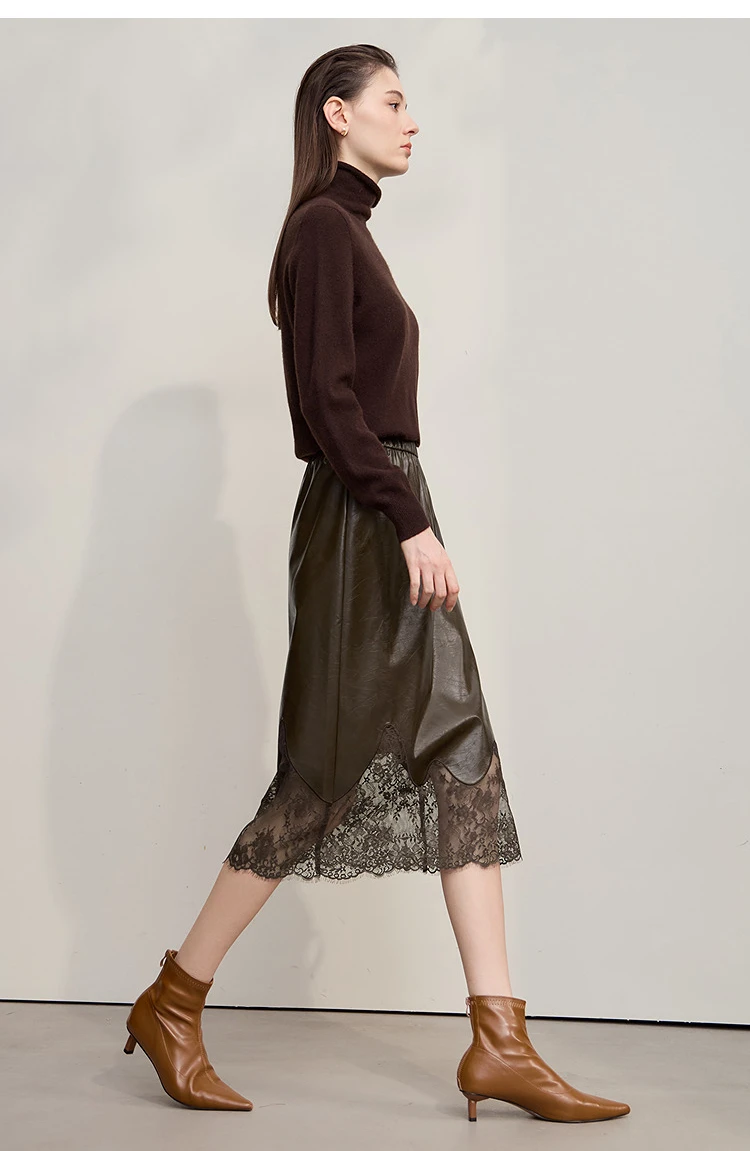 AMII Women's Skirt 2026 Autumn New Minimalist Versatile Clothing Ladies Leather Splicing Lace Solid A-line Midi Skirt 12543095