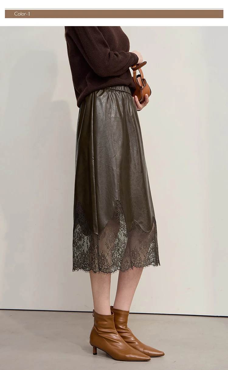 AMII Women's Skirt 2026 Autumn New Minimalist Versatile Clothing Ladies Leather Splicing Lace Solid A-line Midi Skirt 12543095