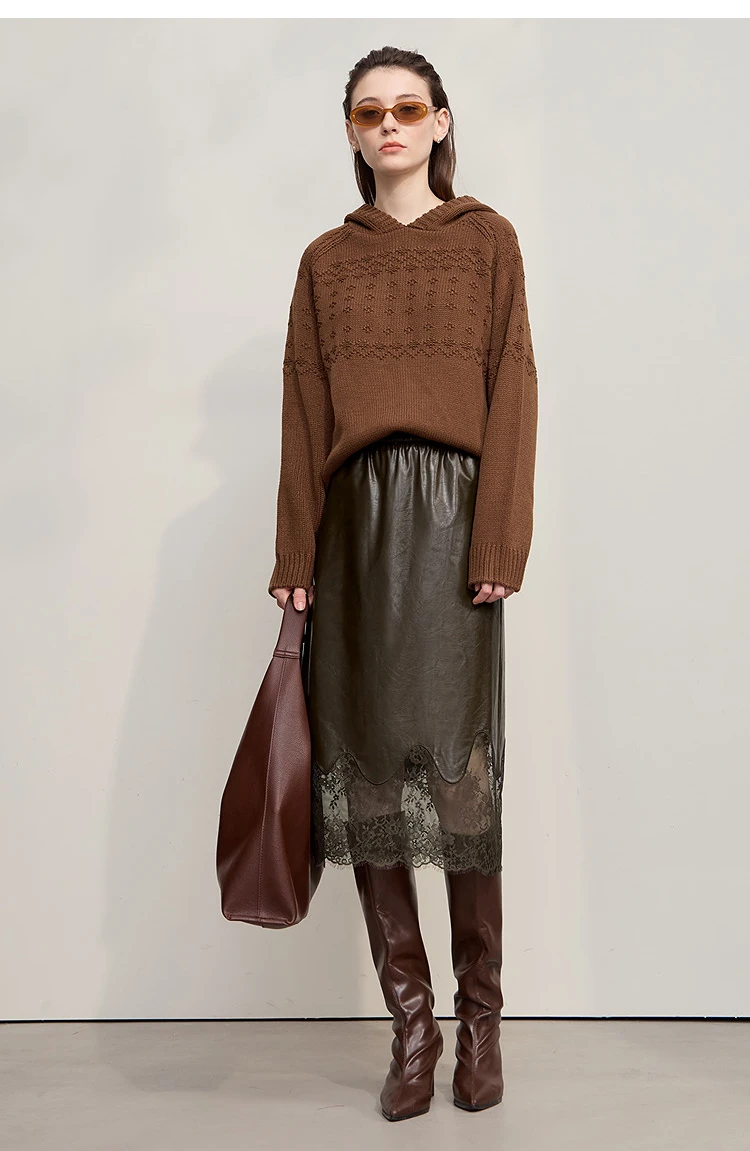 AMII Women's Skirt 2026 Autumn New Minimalist Versatile Clothing Ladies Leather Splicing Lace Solid A-line Midi Skirt 12543095