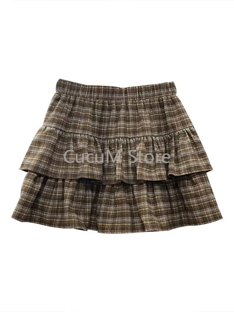 Japanese Y2k Cute Ruffled Plaid Skirt Punk Rock Subculture Cake Skirts Japanese Preppy Style Casual New 2026 Women Skirts