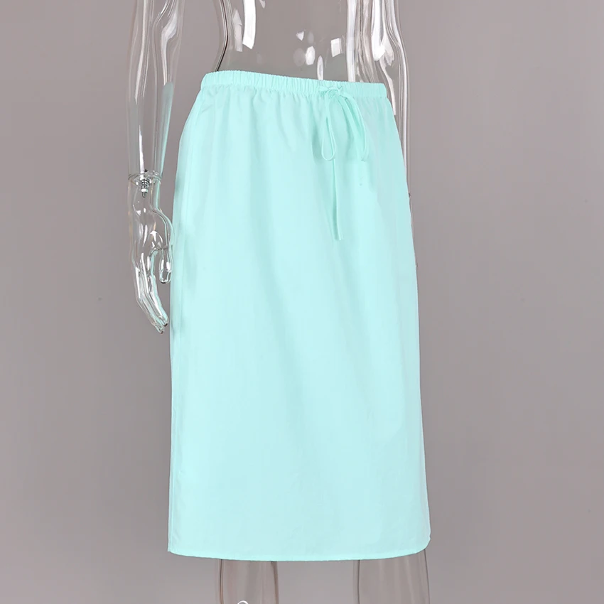 Linad Casual Green Long Drawstring Skirts For Woman 2026 Street Chic Slim Lace Up Split Skirts Autumn Fashion Red Mid Calf Skirt