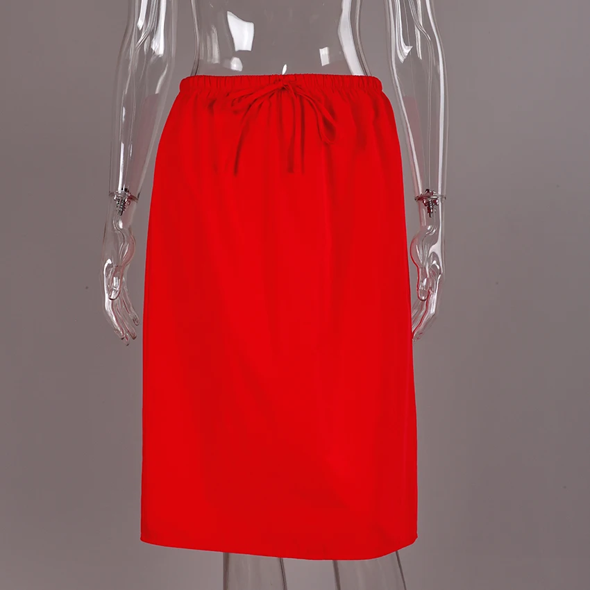 Linad Casual Green Long Drawstring Skirts For Woman 2026 Street Chic Slim Lace Up Split Skirts Autumn Fashion Red Mid Calf Skirt