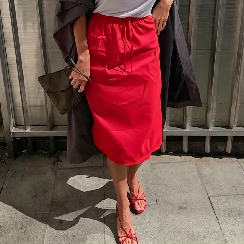 Linad Casual Green Long Drawstring Skirts For Woman 2026 Street Chic Slim Lace Up Split Skirts Autumn Fashion Red Mid Calf Skirt