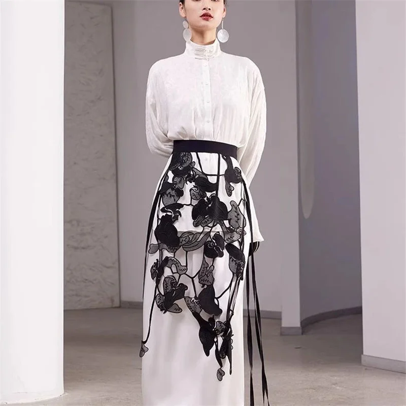 DCABT High Waist Runway Irregualr Hollow Out Skirts Women Spring Autumn All Match Hole Black Tassel Lace Skirt See Through102A