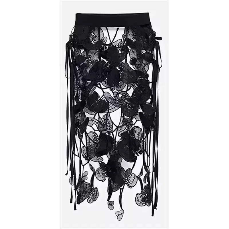 DCABT High Waist Runway Irregualr Hollow Out Skirts Women Spring Autumn All Match Hole Black Tassel Lace Skirt See Through102A