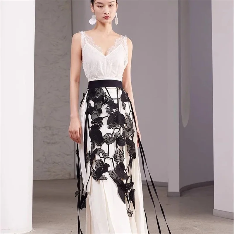 DCABT High Waist Runway Irregualr Hollow Out Skirts Women Spring Autumn All Match Hole Black Tassel Lace Skirt See Through102A