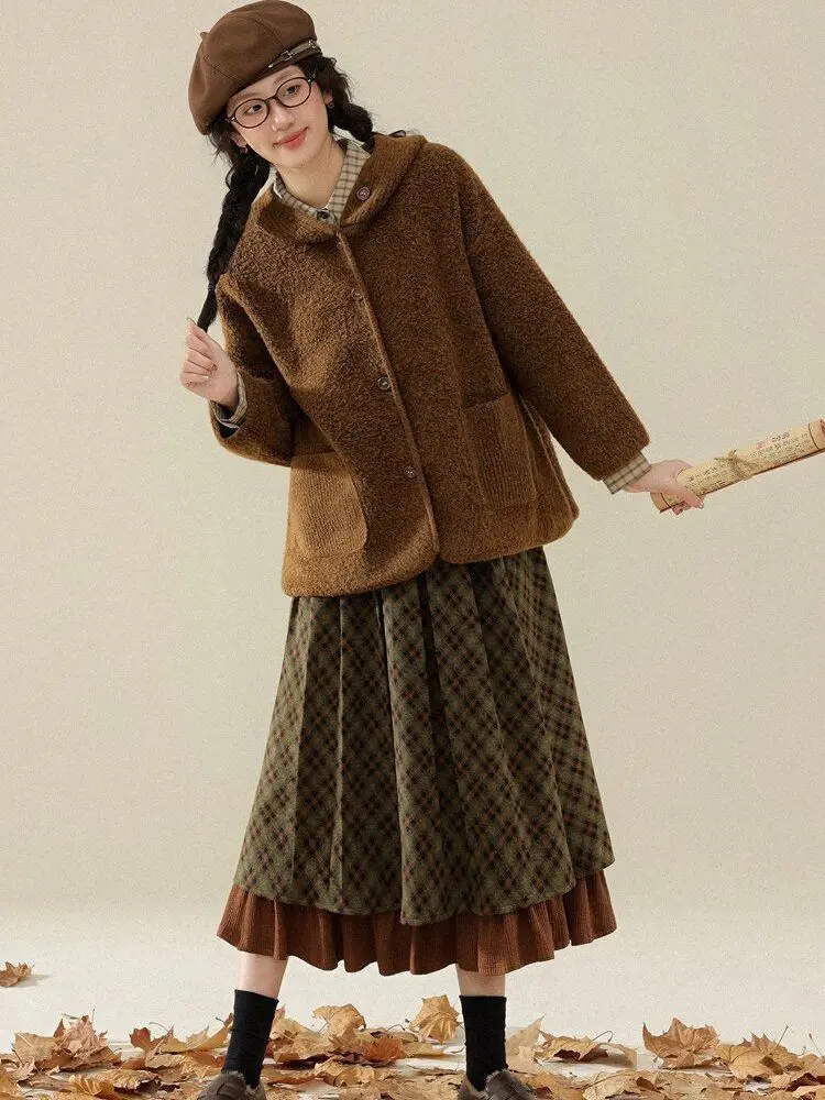 Korobov Vintage Jacquard Preppy Winter Plaid Folds All Match A-LINE Patchwork Woman Skirts