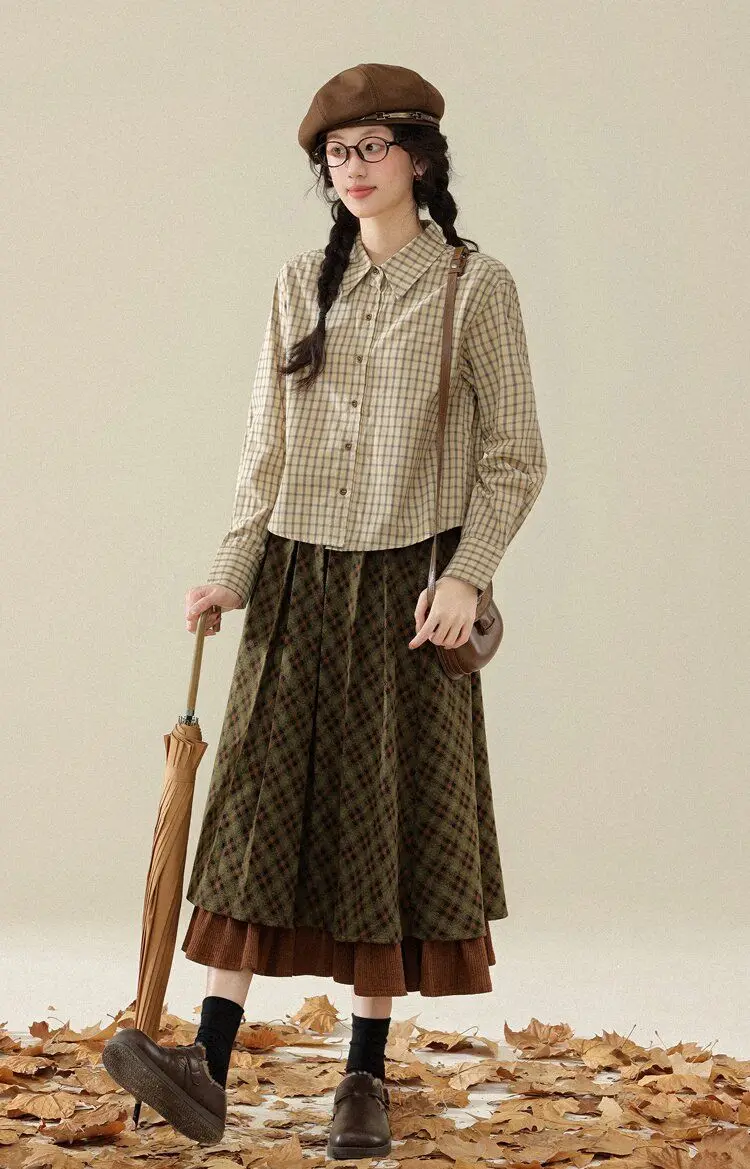 Korobov Vintage Jacquard Preppy Winter Plaid Folds All Match A-LINE Patchwork Woman Skirts