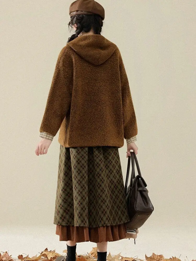 Korobov Vintage Jacquard Preppy Winter Plaid Folds All Match A-LINE Patchwork Woman Skirts