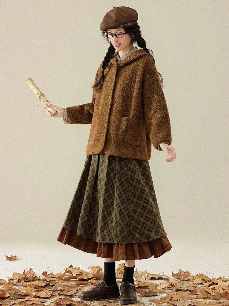 Korobov Vintage Jacquard Preppy Winter Plaid Folds All Match A-LINE Patchwork Woman Skirts