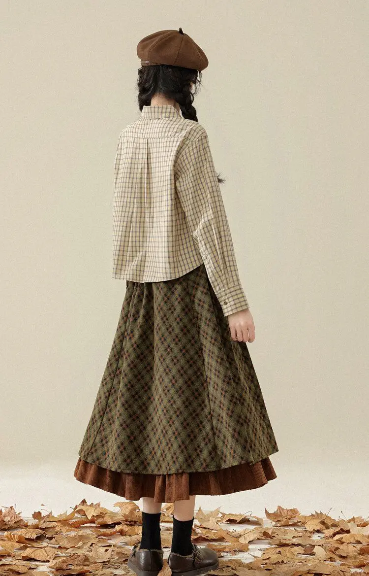 Korobov Vintage Jacquard Preppy Winter Plaid Folds All Match A-LINE Patchwork Woman Skirts