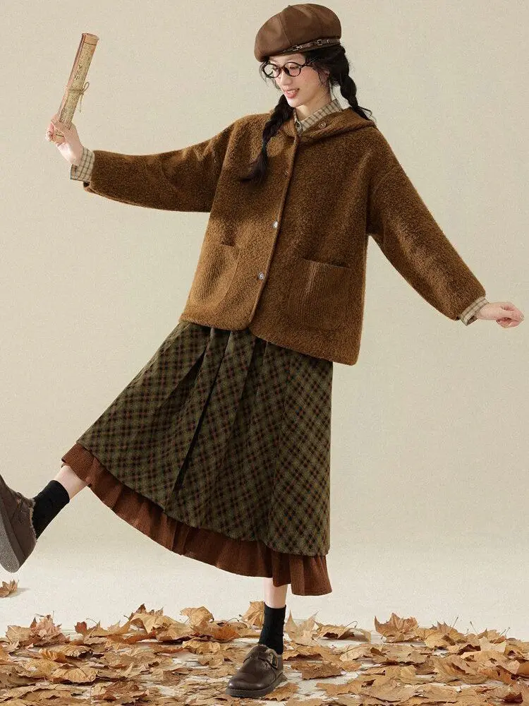 Korobov Vintage Jacquard Preppy Winter Plaid Folds All Match A-LINE Patchwork Woman Skirts