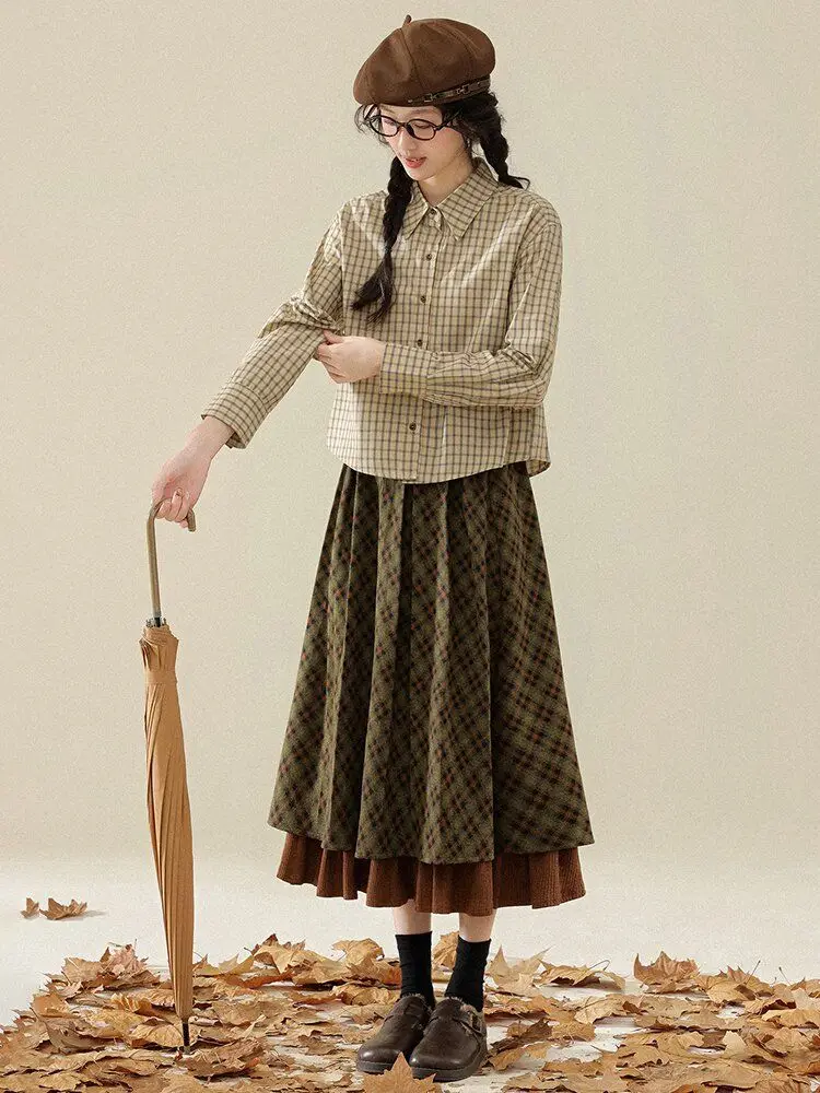 Korobov Vintage Jacquard Preppy Winter Plaid Folds All Match A-LINE Patchwork Woman Skirts