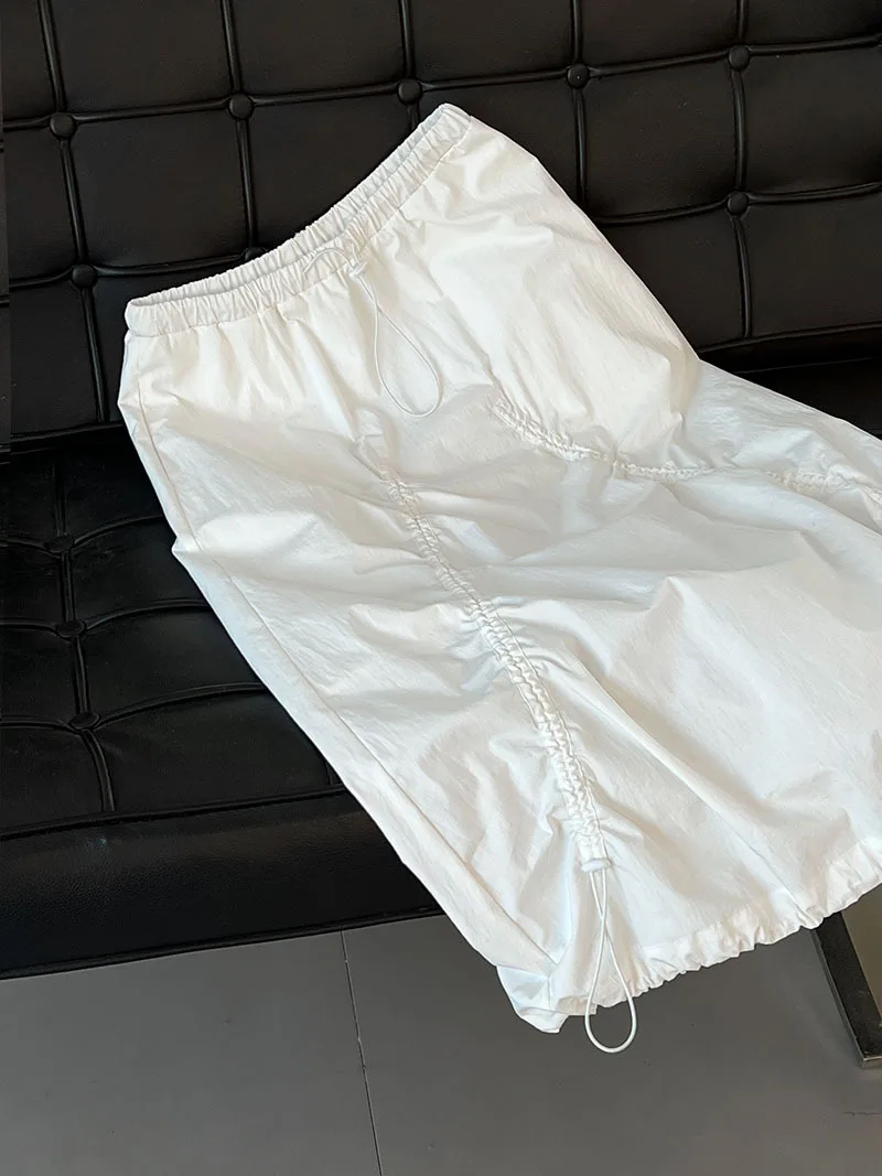 LANMREM Women Skirt 2025 New Fashion Elastic Waist Drawstring Army Green Color Loose A Line Skirts Office Lady Clothes 2DC1434