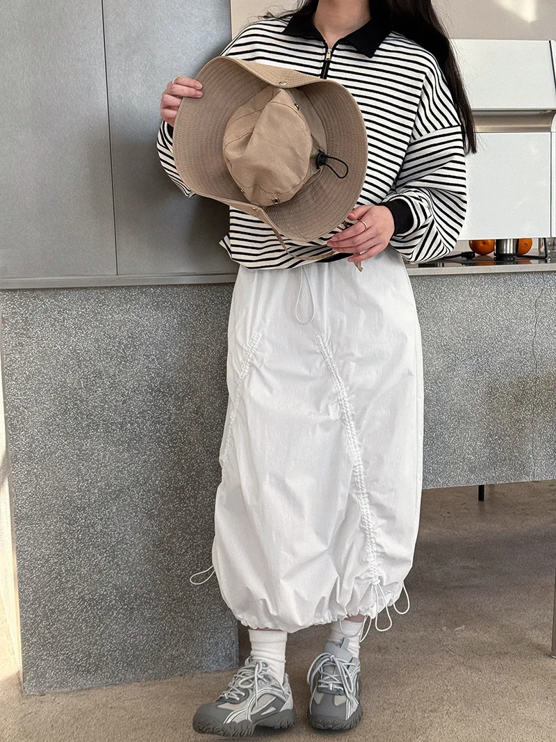 LANMREM Women Skirt 2025 New Fashion Elastic Waist Drawstring Army Green Color Loose A Line Skirts Office Lady Clothes 2DC1434
