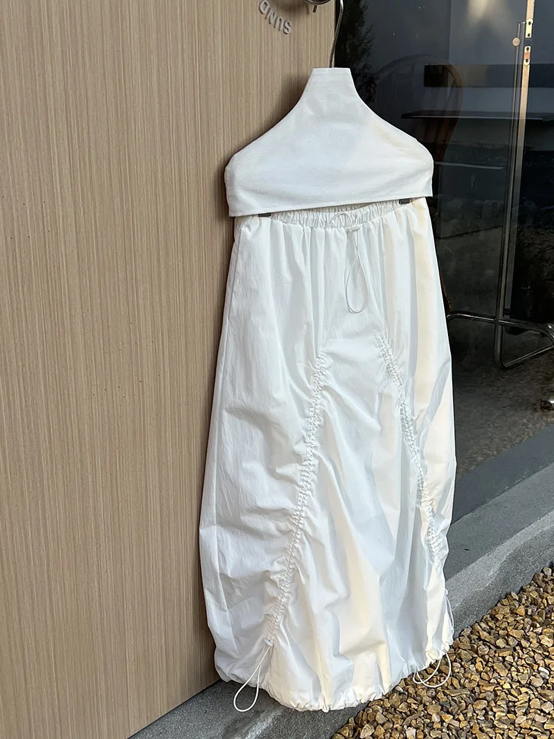 LANMREM Women Skirt 2025 New Fashion Elastic Waist Drawstring Army Green Color Loose A Line Skirts Office Lady Clothes 2DC1434